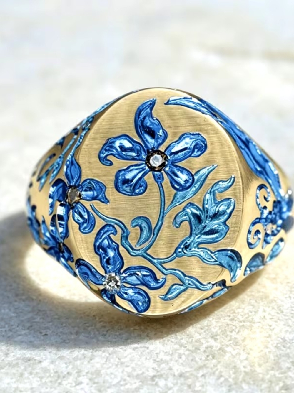 Size 7 Gold-Tone Ring with Blue Floral Enamel Accents